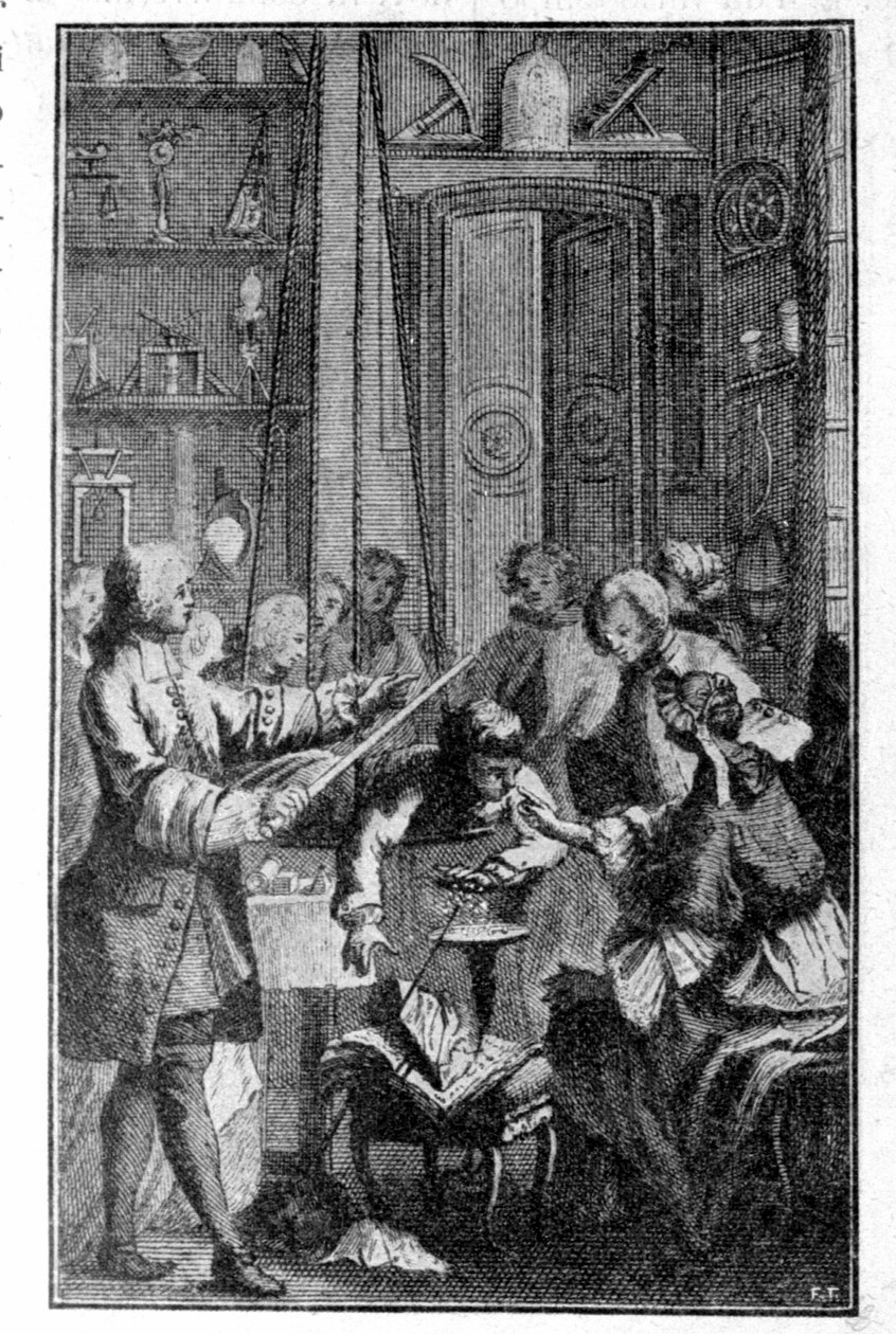 A experiência de Stephen Gray (1670 - 1736) sobre a condutividade elétrica do corpo humano. Gravura do século XIX. de Unknown artist