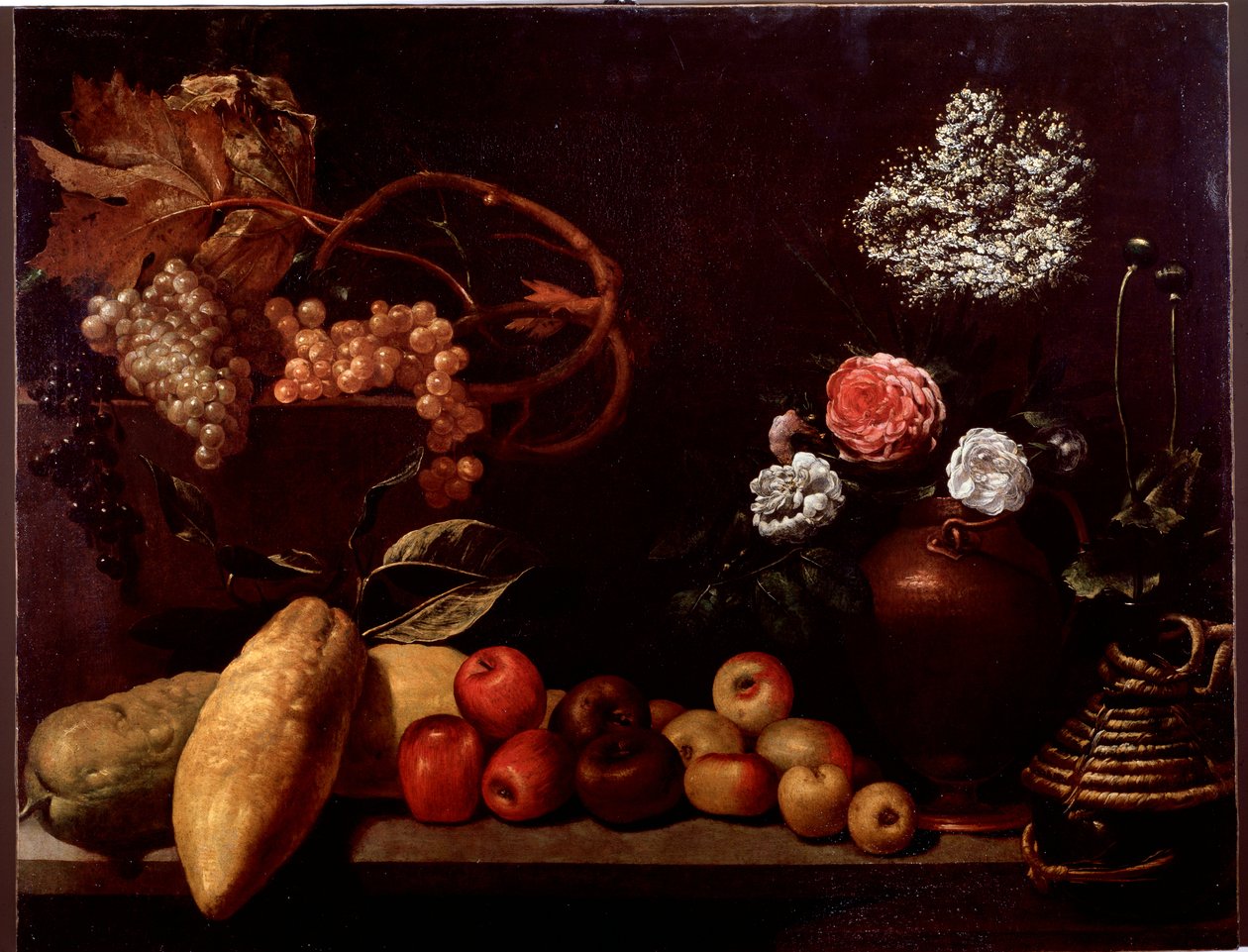 Natureza morta com rosas, flores de arbustos, limões e uvas (pintura de Unknown artist