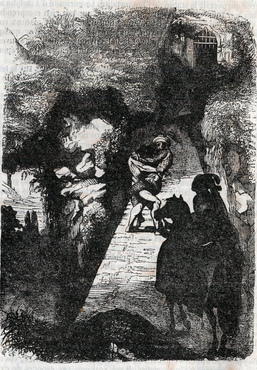 Luta entre Roland e Rodomont - Gravura de 1851 de "Furious Roland" (Orlando furioso) (século XVI) de Ludovico Ariosto, conhecido como Ariosta - Edição traduzida do italiano pelo Conde de Tressan e publicada por Gustave Harvard 1851 de Unknown artist
