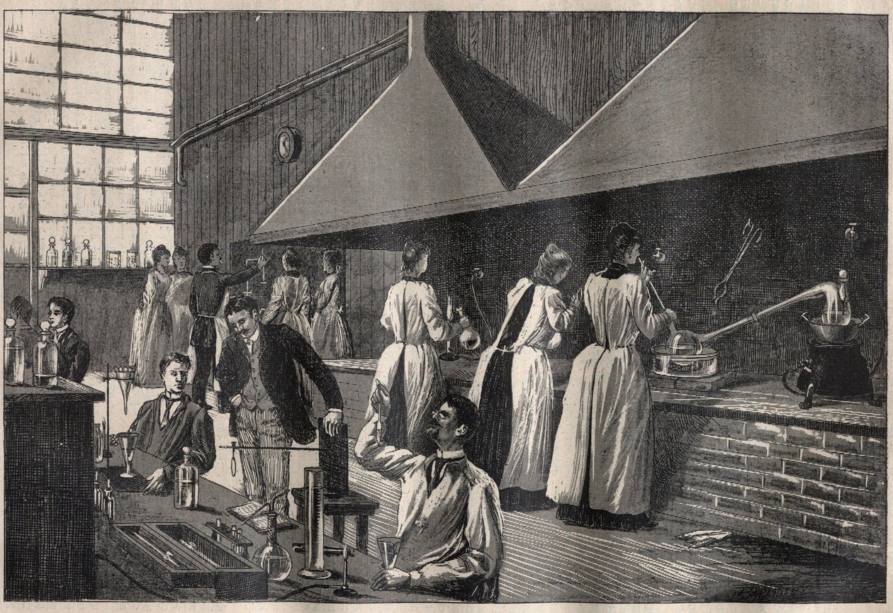 Estudantes e professores no laboratório prático do Conservatoire des Arts et Metiers (Arts-et-Metiers) de Paris de Unknown artist