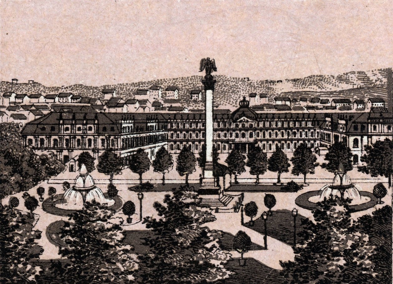Stuttgart, Alemanha: vista do novo castelo (Castelo Novo). em "O mundo ilustra 168 vistas" Sem data (final do século XIX) de Unknown artist