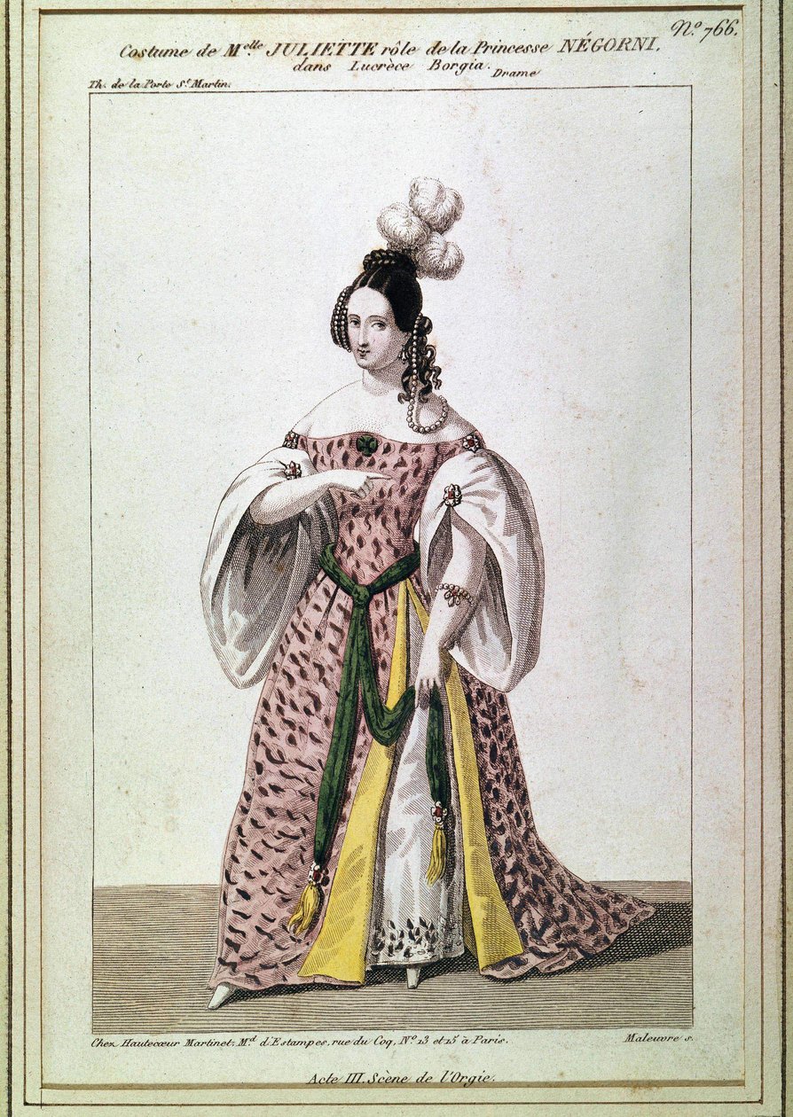 Fato de Miss Juliette Drouet para o papel da Princesa Negroni no "Lucrece Borgia" de Victor Hugo. Gravura do século XIX. de Unknown artist