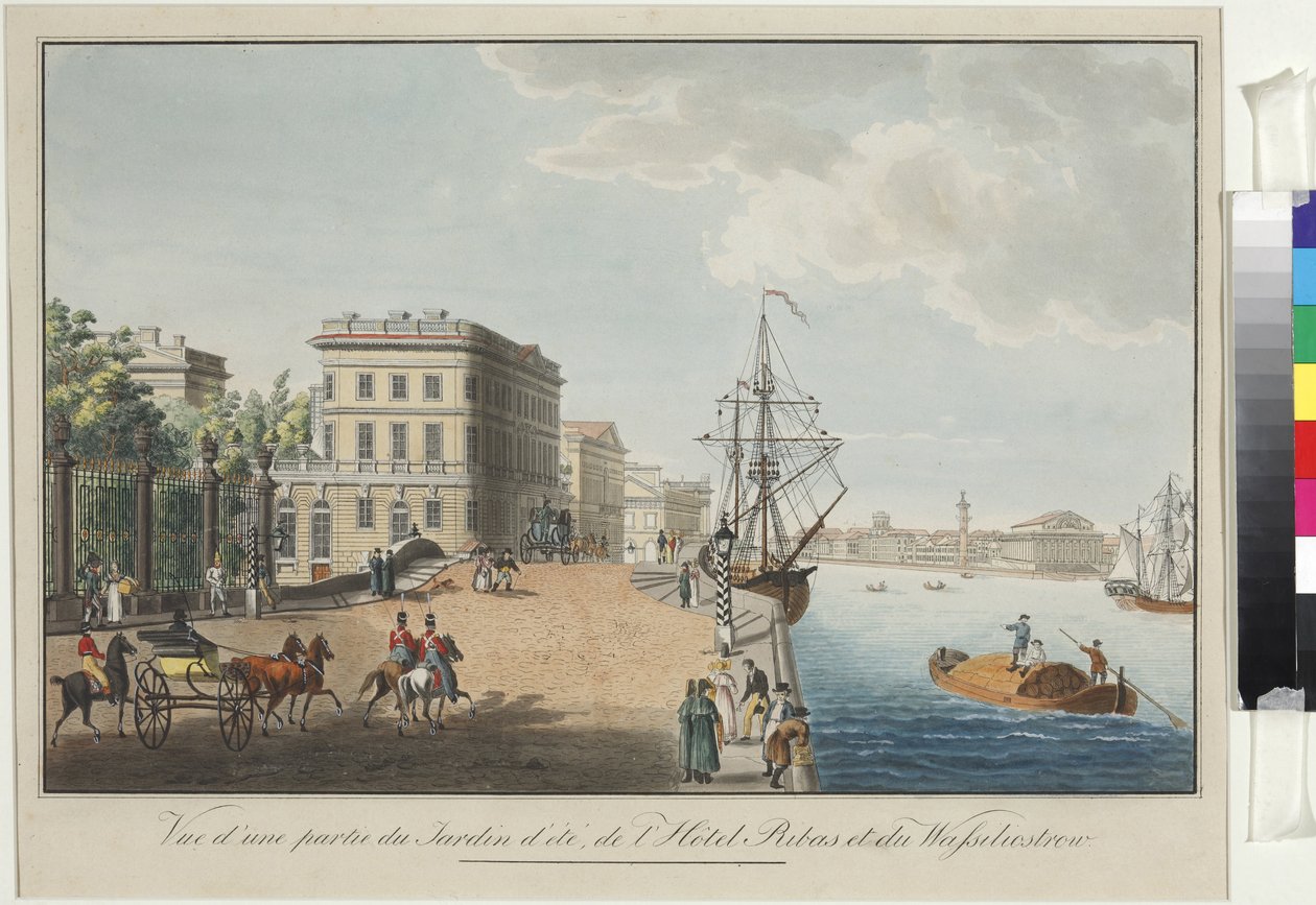 Jardim de Verão e Casa de De Ribas no Rio Neva - Anónimo. Gravura, aguarela de Unknown artist