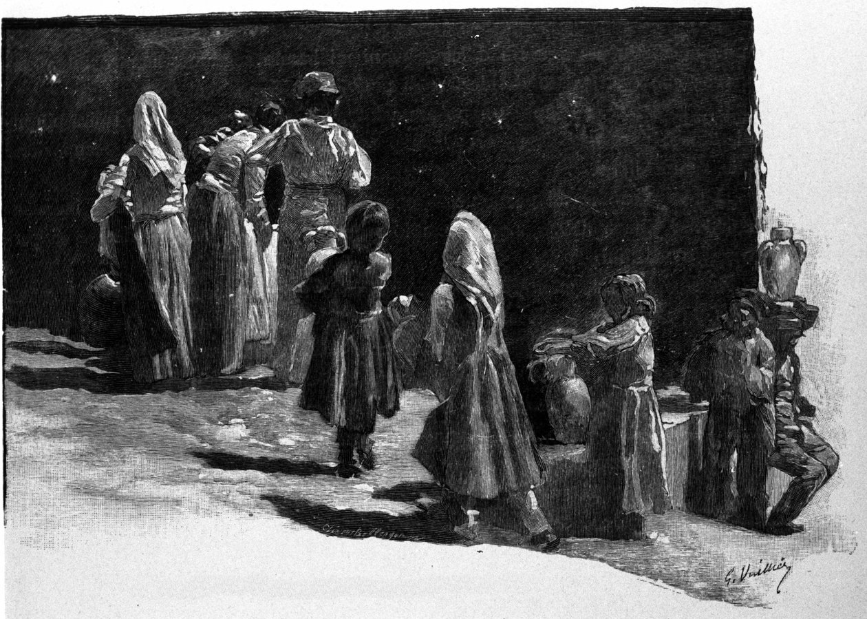 Superstição: a contemplação de estrelas pelos habitantes das aldeias da Sicília. A gravura do século XIX de Unknown artist