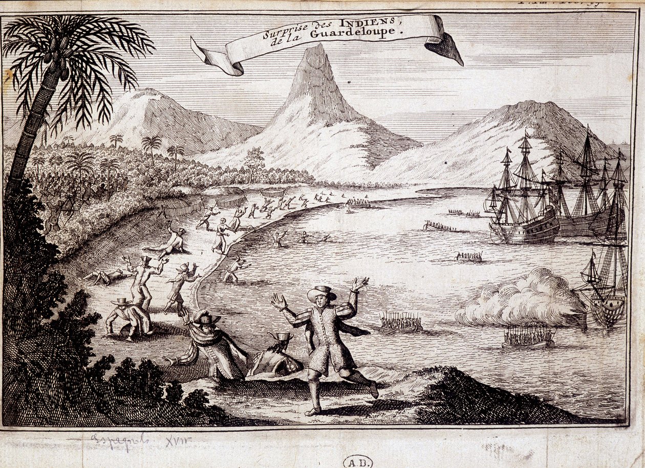 Surpresa dos índios no desembarque de Cristóvão Colombo em Guadalupe (caravelas) - gravura de Unknown artist