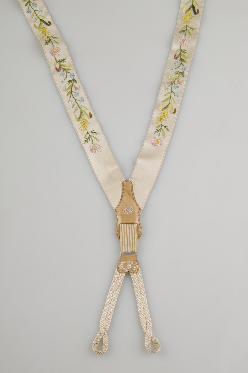 Suspensórios, c.1880, Cetim branco esmaltado, couro, prata, Criador desconhecido de Unknown artist