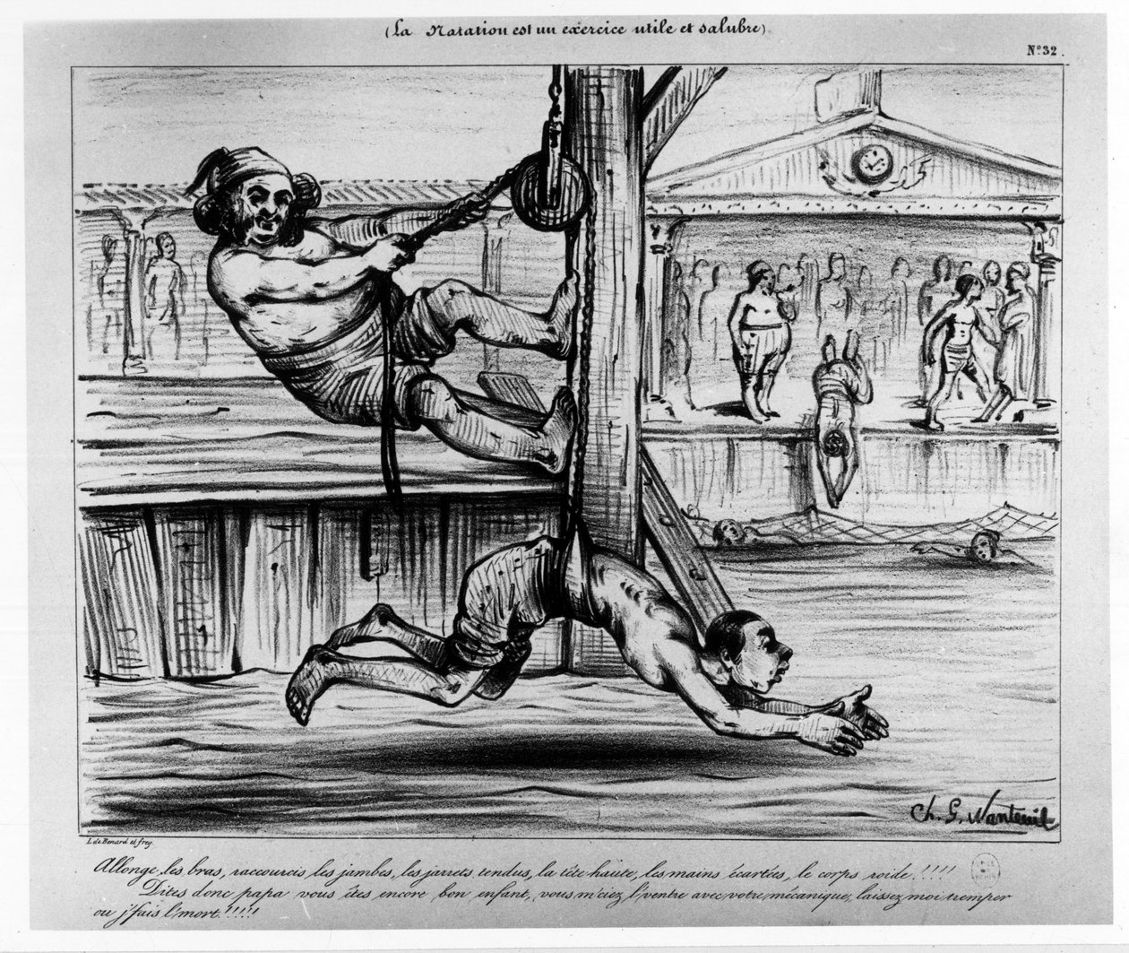 A natação é um exercício útil e saudável: um exercício humorístico sobre a aprendizagem da natação - Musee Carnavalet, sd, cerca de 1850 de Unknown artist