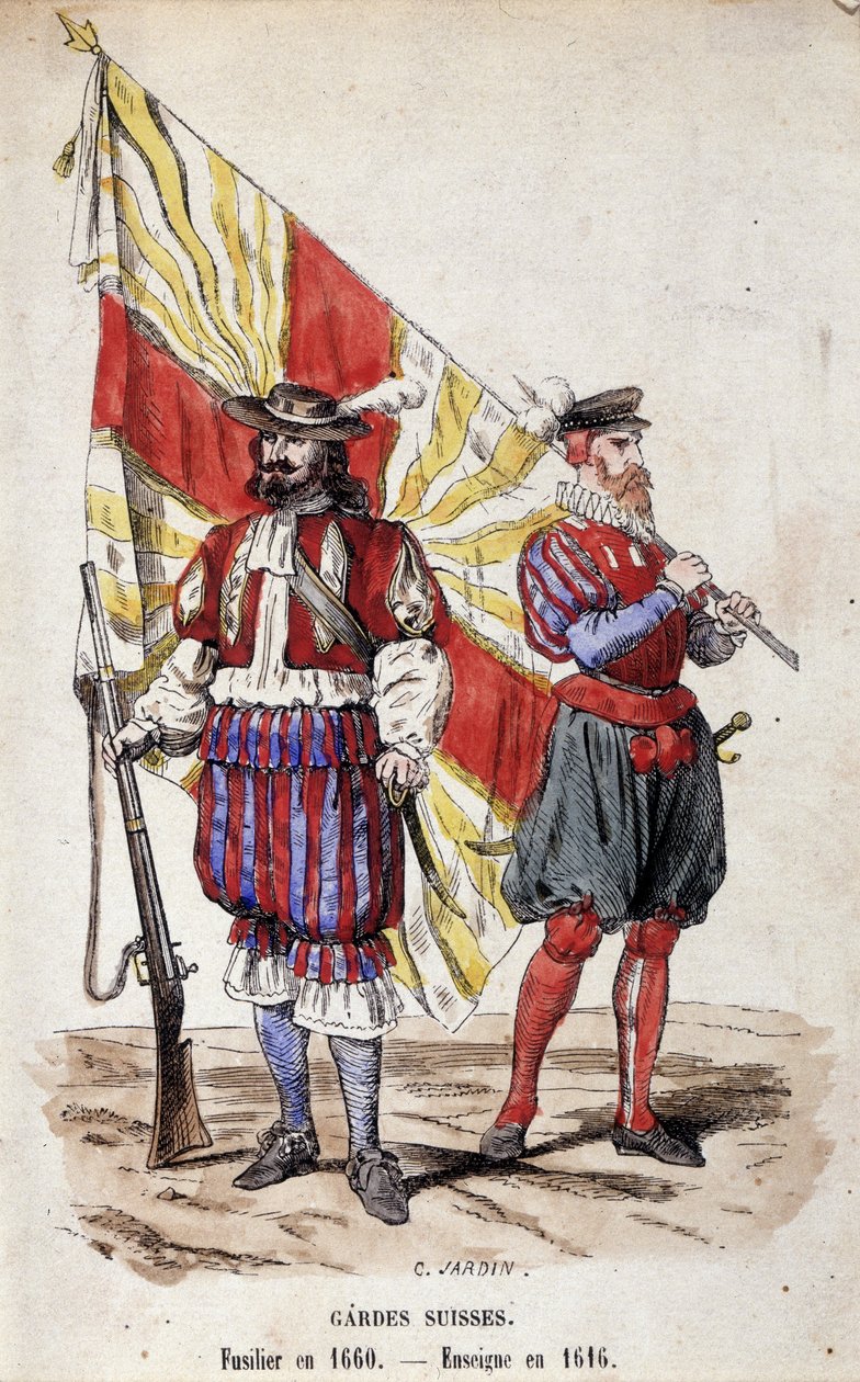 Guardas suíços: Fusilier em 1660 e Ensign em 1616. de Unknown artist
