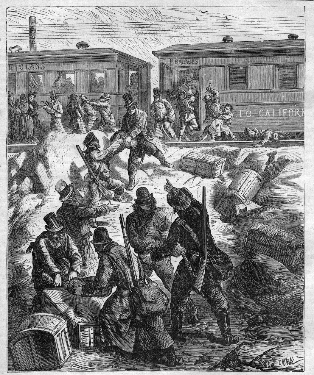 O ATENTADO DO TREINO ORIENTAL - o trem do Pacífico - trem atacado por máscara de bandido - gravura de 1887 de Unknown artist