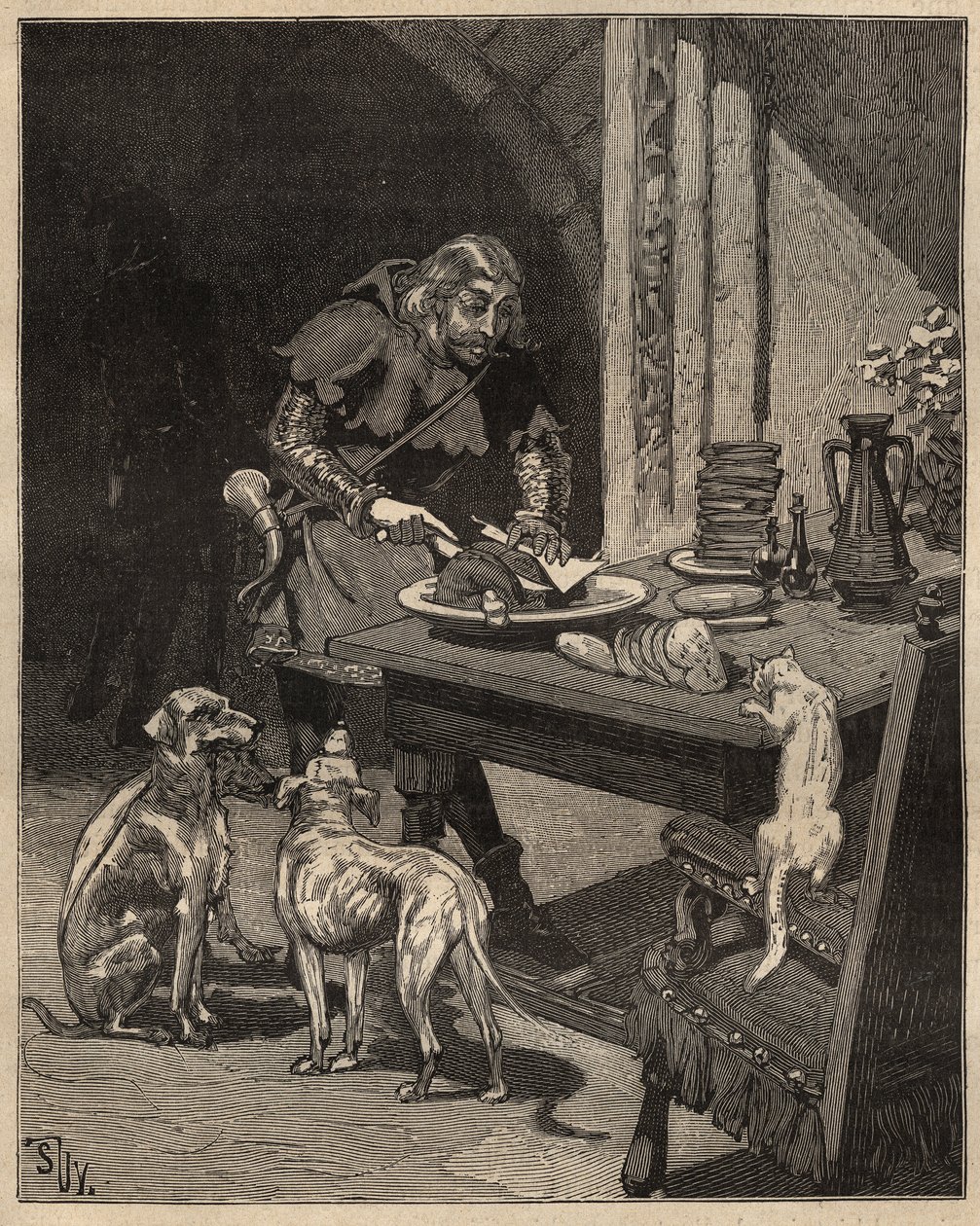 Arte de mesa: corta a comida antes da chegada do garfo. Um homem segura a carne com uma folha de papel numa mão e usa a sua faca na outra. Gravura de 1885 em "Les arts et metiers illustres" de Adolphe BITARD. de Unknown artist