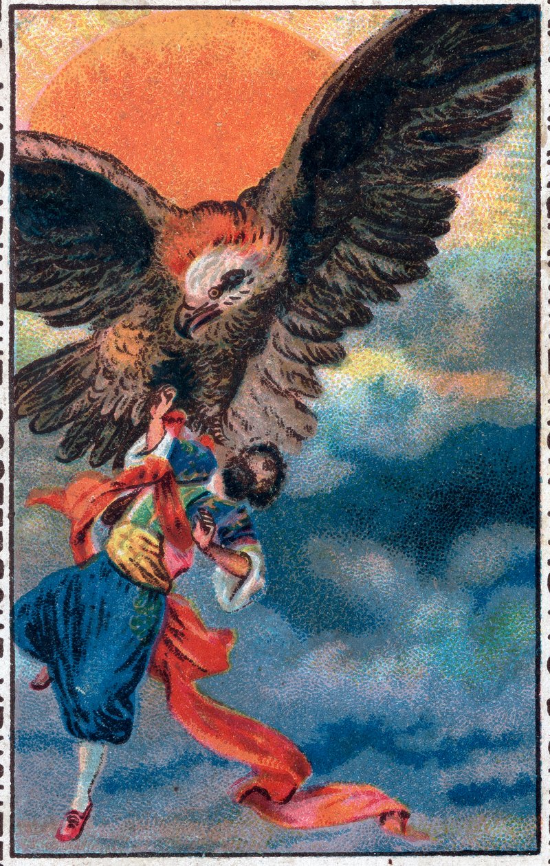 Descolar por uma águia. As maravilhosas aventuras de Sinbad (Sindbad), o marinheiro. Conto popular de 1001 noites (mil e uma noites). A cromolitografia do final do século XIX. de Unknown artist