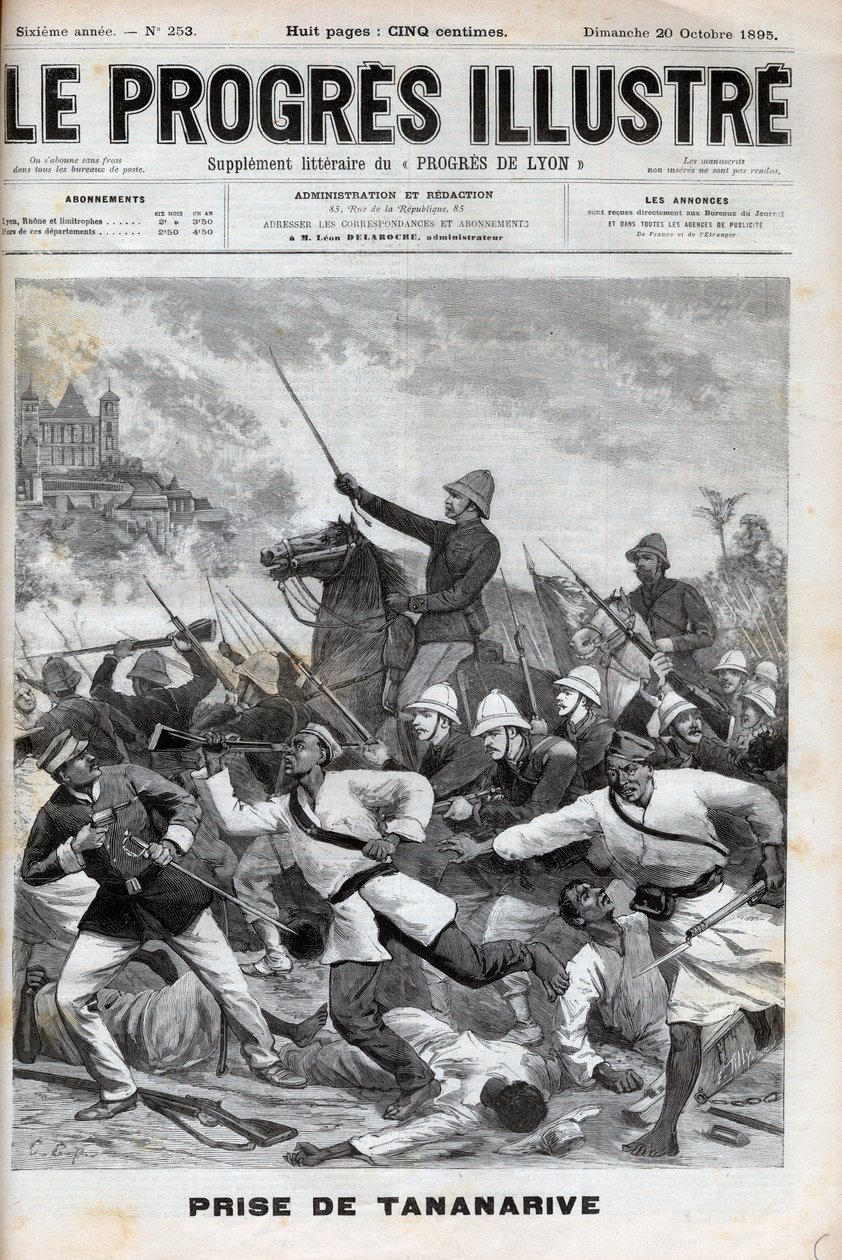 Tomando Antanananarivo - Exército francês invadiu Antananarivo 1895 - Conquete de Madagascar. - Captura de Tananarive pela força expedicionária francesa em 30 de Setembro de 1895 - Gravura em "Le Progres illustrious" de 1895 de Unknown artist