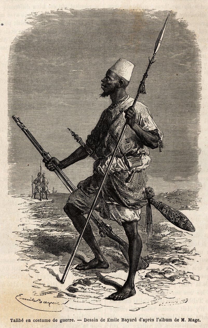 Talibe (um jovem estudante do exército do Rei Ahmadu (Toucouleur) que estuda o Alcorão), de fato de guerra. Gravura para ilustrar a viagem ao Sudão Ocidental do Tenente (Marinha) M.Mage, em 1863-1866, publicada no "Le tour du monde, nouveau journal des voy de Unknown artist