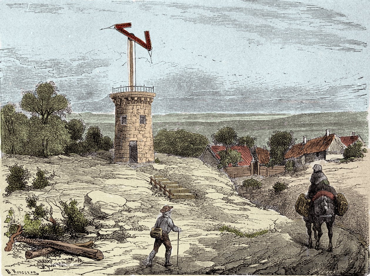 Telégrafo: Telégrafo de Claude Chappe (1765-1805) por volta de 1794 - Gravura de Unknown artist