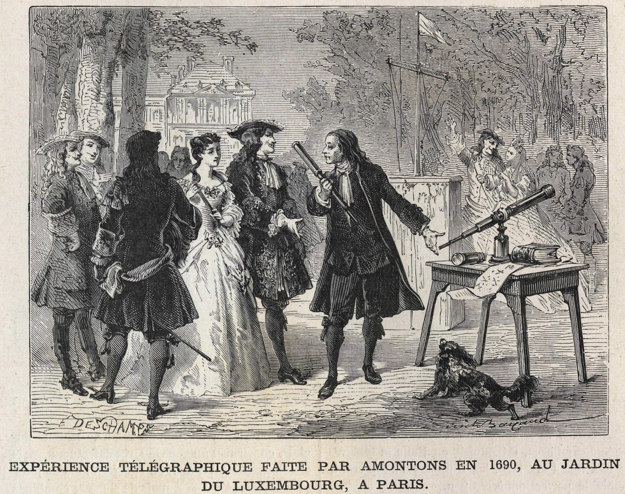 Experiência telegráfica feita por Guillaume Amontons em 1690, no Luxembourg Garden, Paris, gravura do século XIX. Coleção Bianchetti de Unknown artist