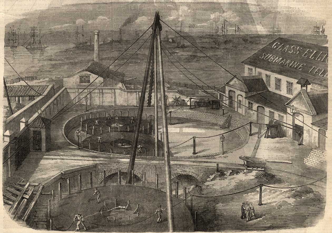 Telegrafia: O cabo transatlântico produzido na fábrica Glass, Elliot and Company em East Greenwich (Inglaterra) está pronto para ser entregue. Gravação no "The Illustrated London News" de 14 de março de Unknown artist