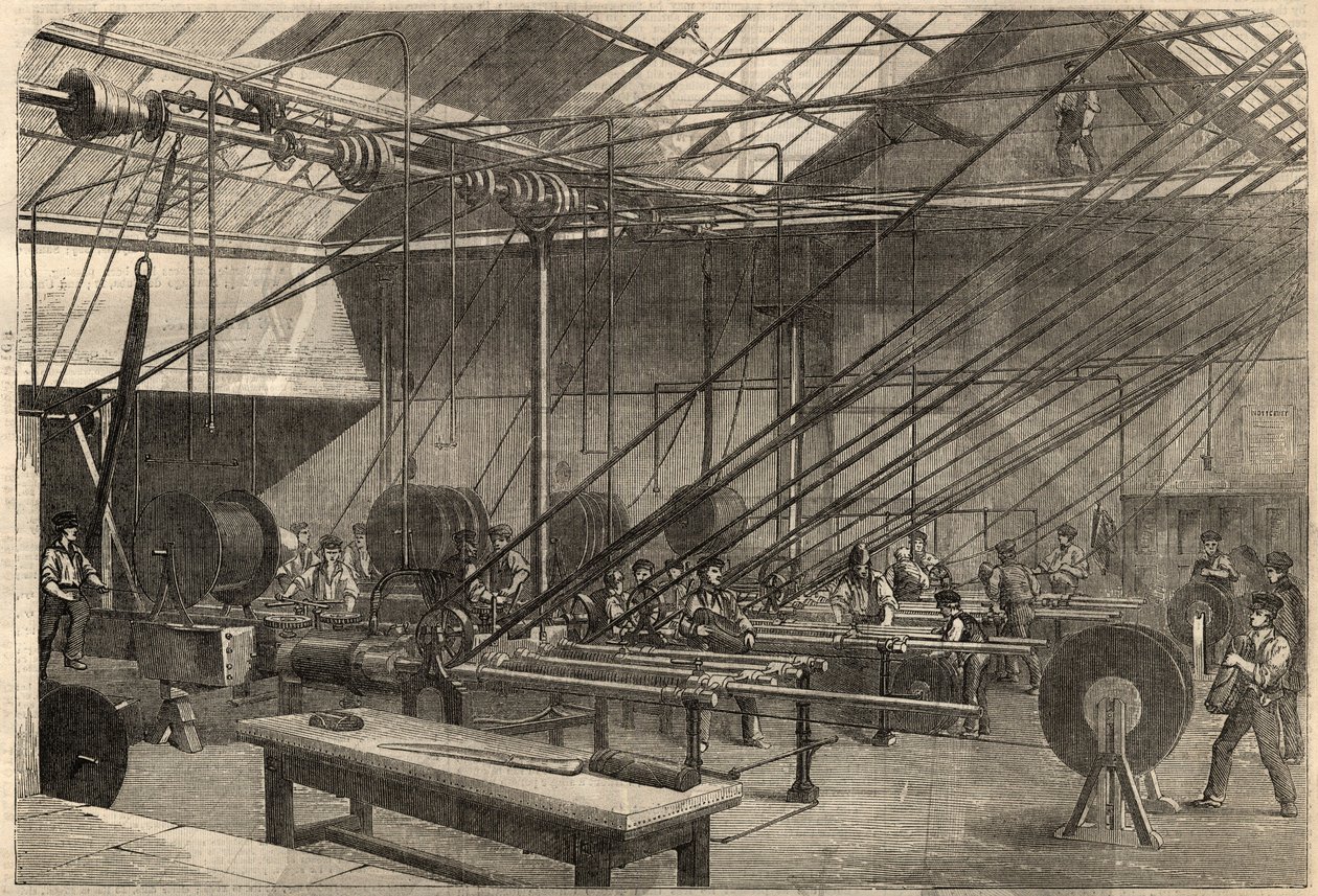 Telegrafia: fabrico de cabos transatlânticos. Máquinas que revestem o cabo gutta percha na fábrica Glass, Elliot and Company em Wharf Road em Londres, Inglaterra. Gravação em "The Illustrated London News" de 14 de março de Unknown artist