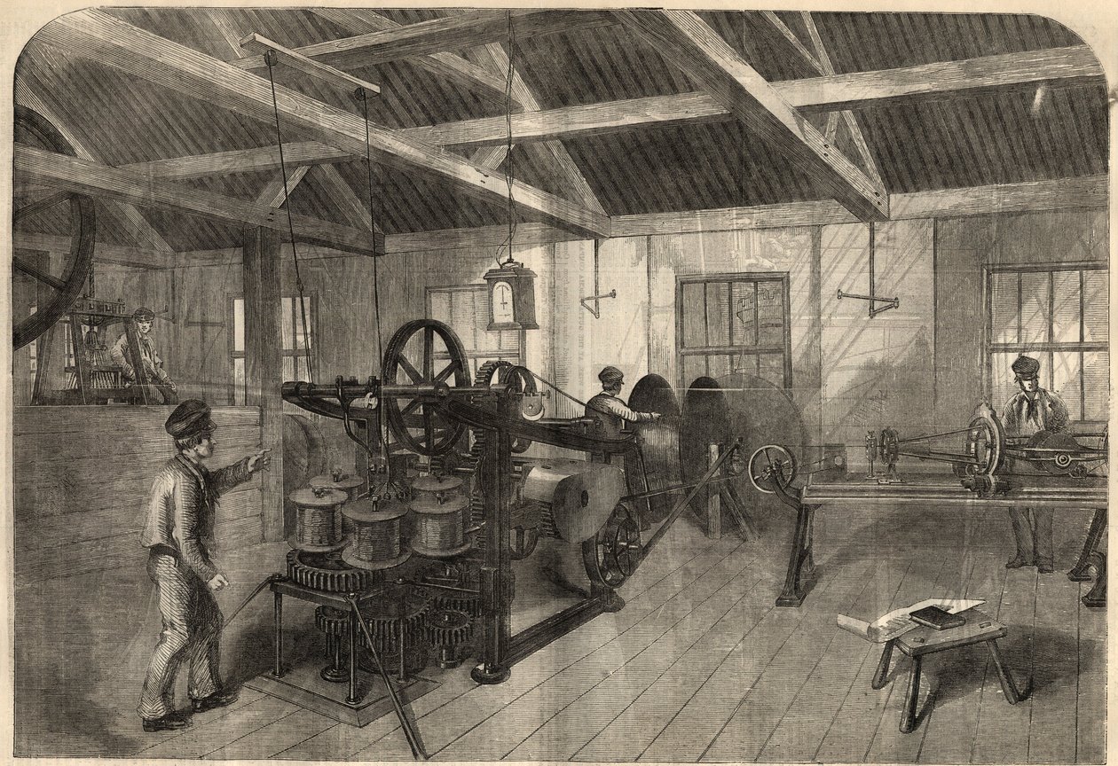 Telegrafia: fabricação de cabos transatlânticos na fábrica Glass, Elliot and Company em East Greenwich (Inglaterra). Gravação em "The Illustrated London News" de 14 de março de Unknown artist