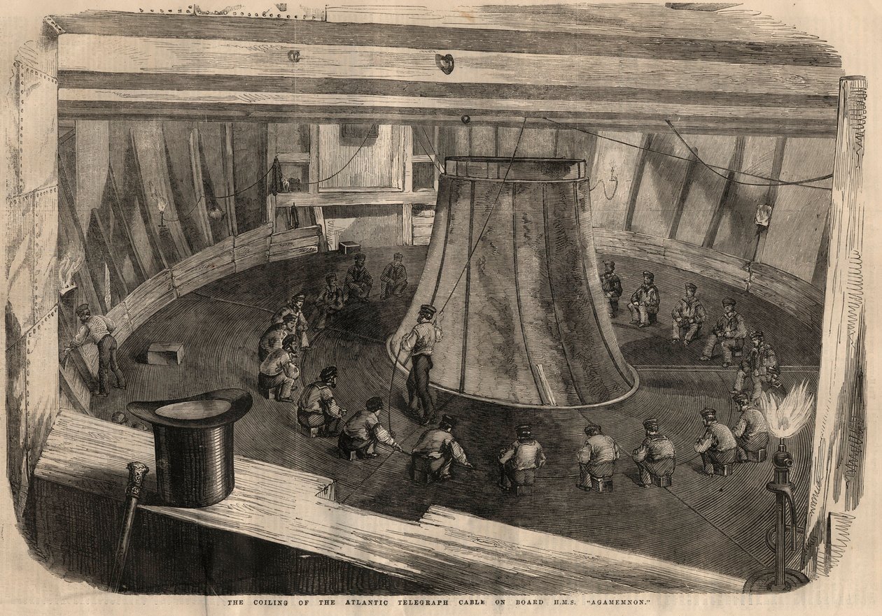 Telegrafia: o enrolamento do cabo transatlântico a bordo do navio H.M.S. "Agamemnon". Gravação no "The ilustr London News" de 1 de Agosto de Unknown artist