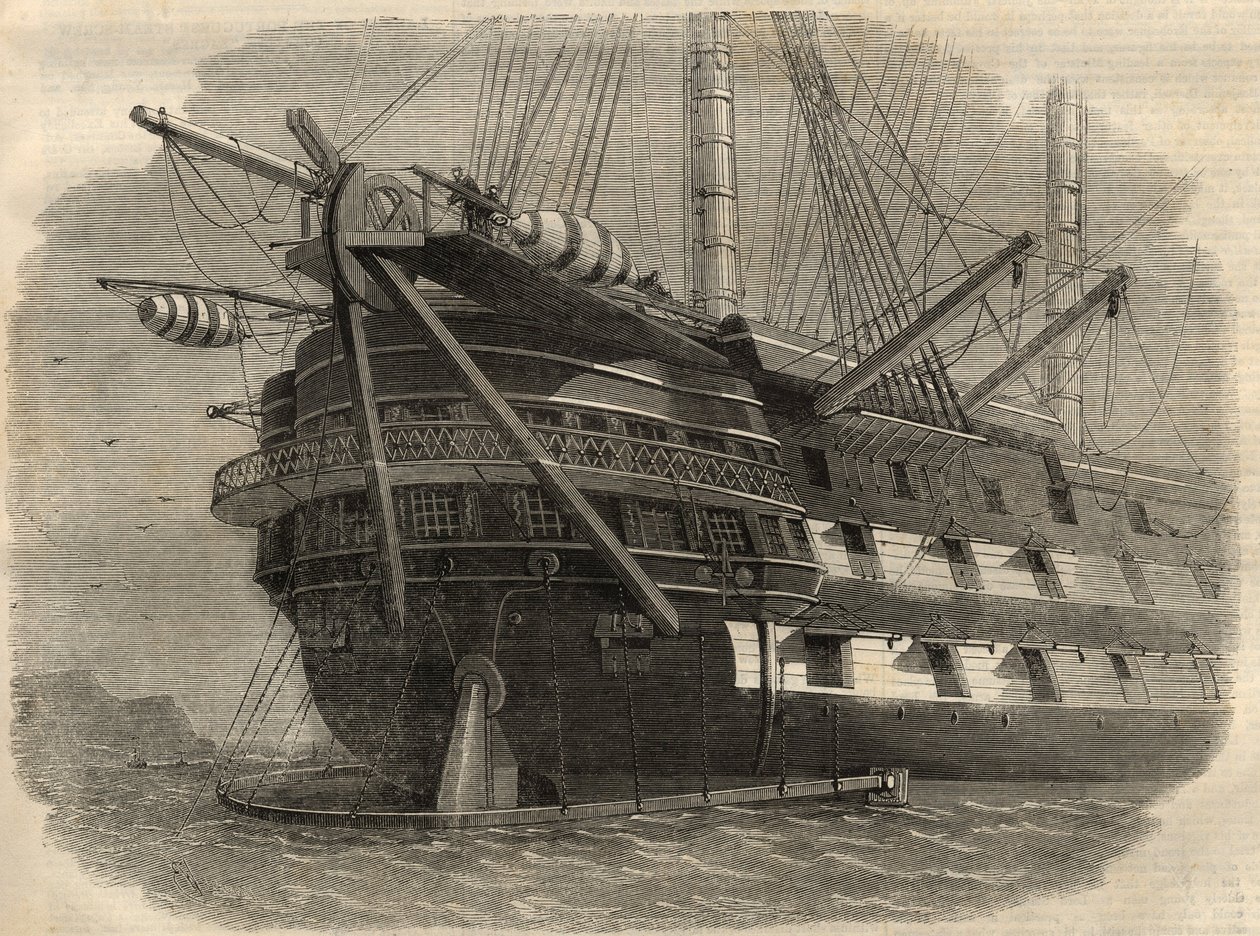 Telegrafia: vista da popa do navio H.M.S. "Agamemnon" que vai colocar o primeiro cabo transatlântico. Gravação no "The Illustrated London News" de 5 de Junho de Unknown artist