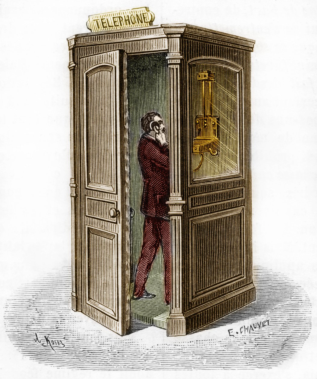 Cabina telefónica em 1888. Gravura no "The Journal of Youth". de Unknown artist