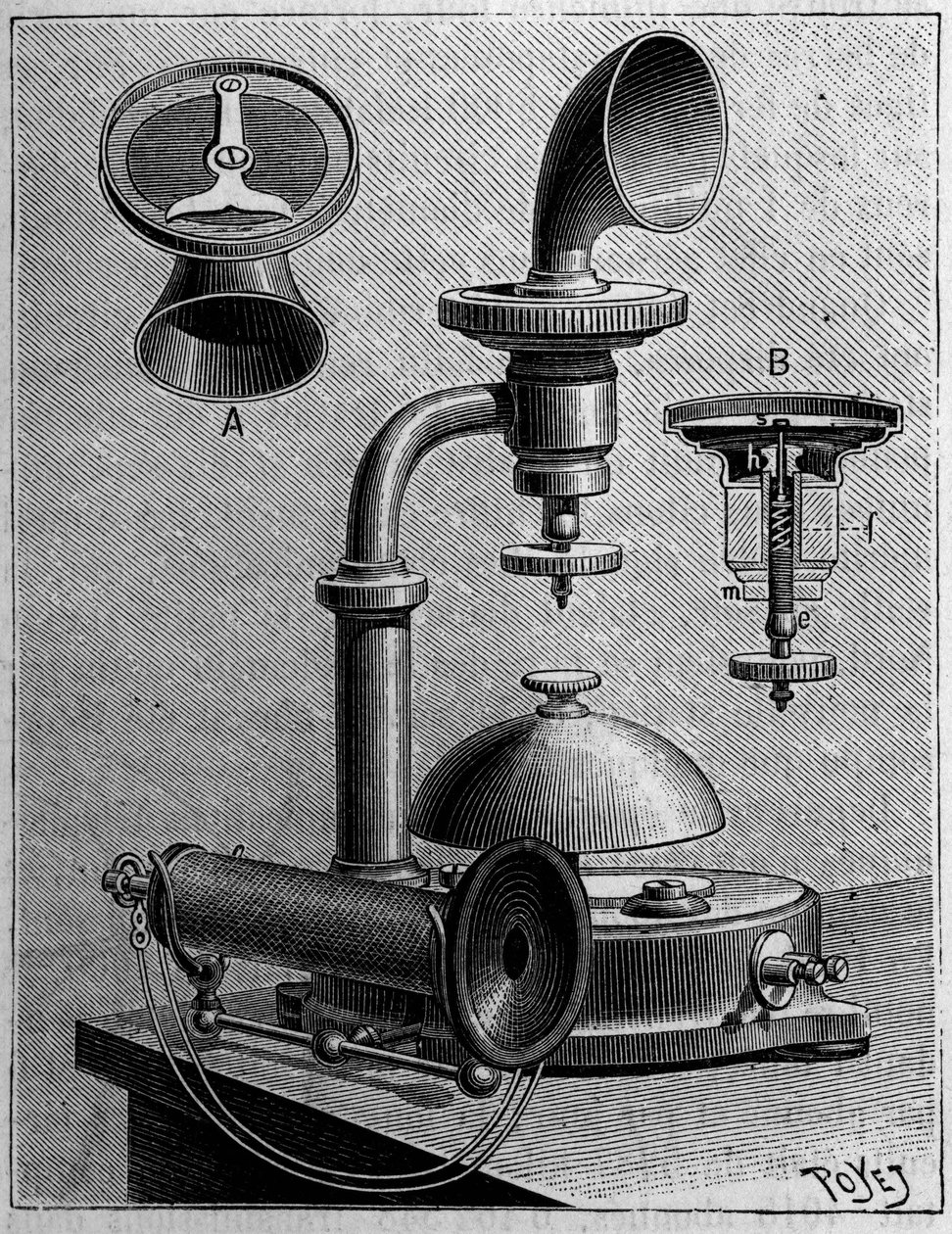 Telefonia na Suécia: modelo de um telefone da Ericsson Company. Gravura em "La Nature: Revue des sciences et de leurs applications aux arts et a l