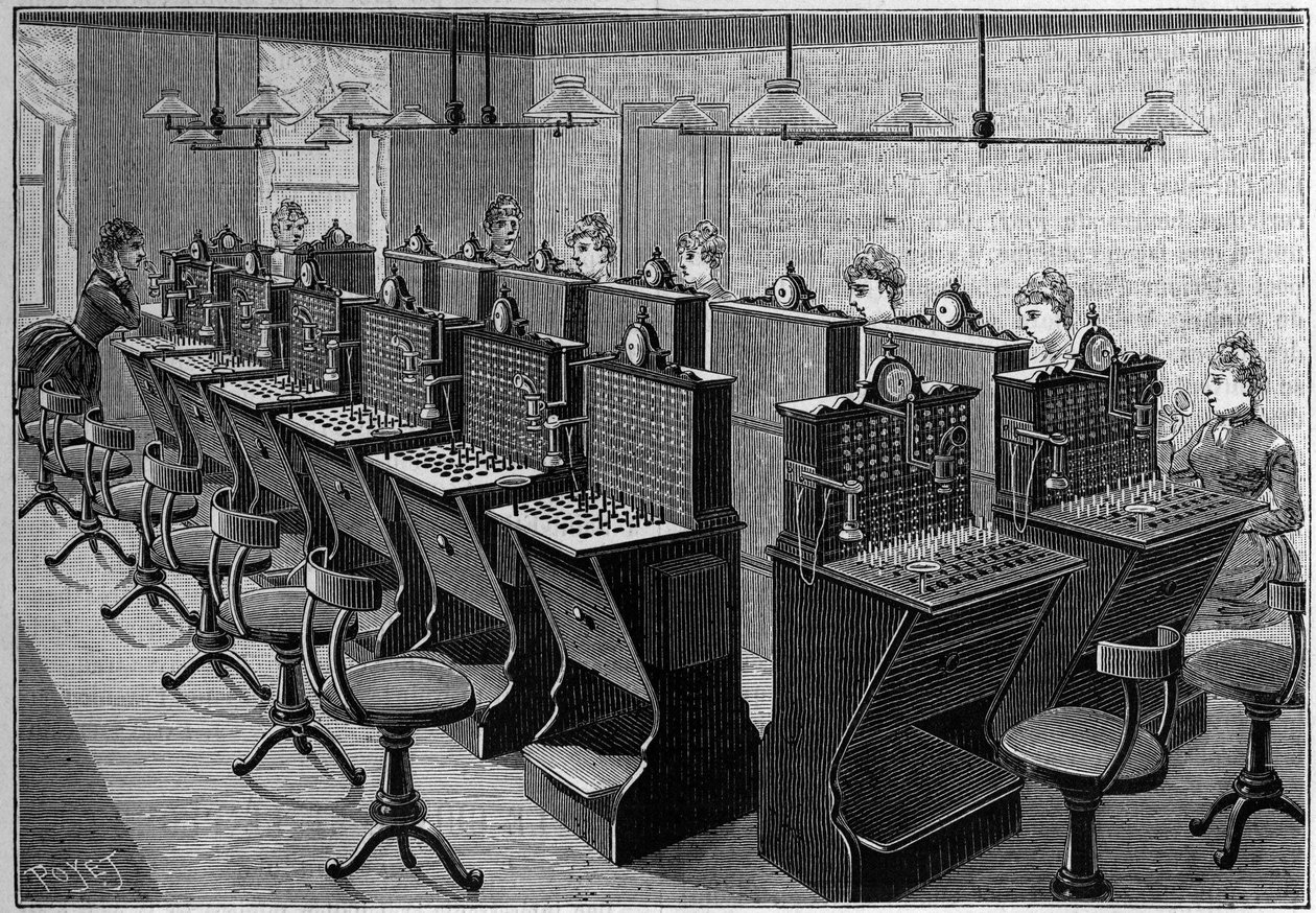 Telefonia na Suécia: sala da central telefónica de Estocolmo. Gravura em "La Nature: Revue des sciences et de leurs applications aux arts et a l