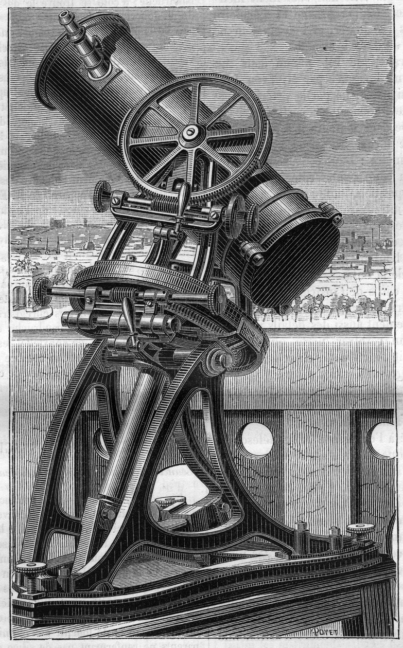 Telescópio do Observatório Popular Trocadero em Paris. Gravura em "La Nature". de Unknown artist