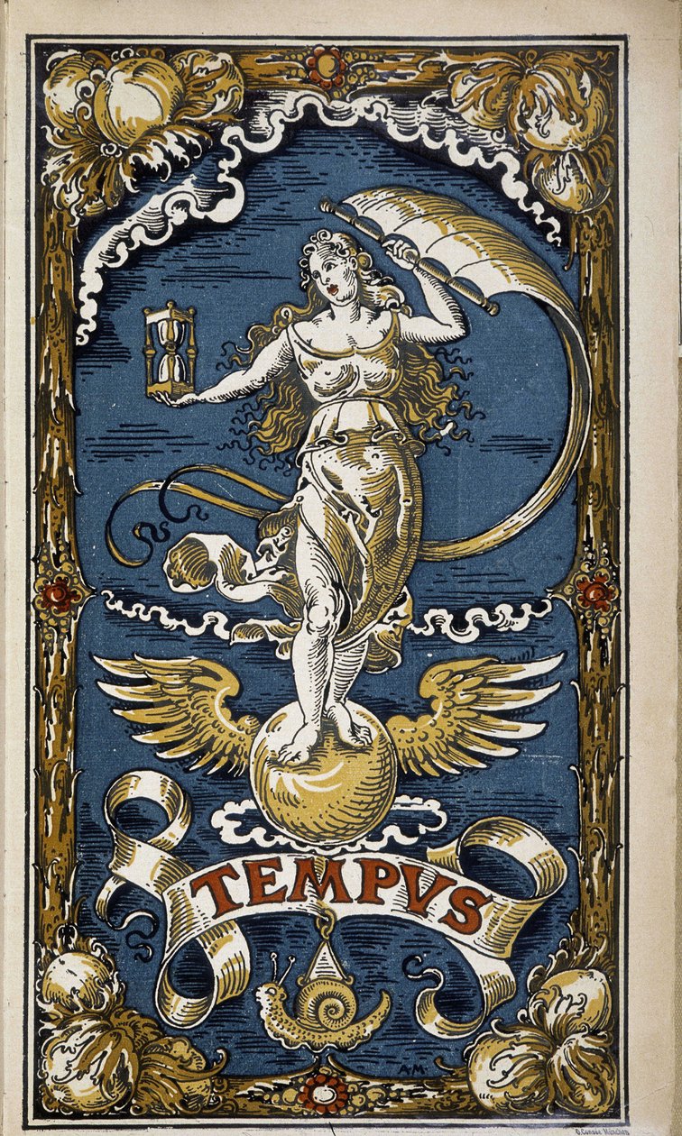 Tempus: alegoria do tempo (figura feminina com ampulheta, vento, asas), ilustração para o calendário de 1889. de Unknown artist