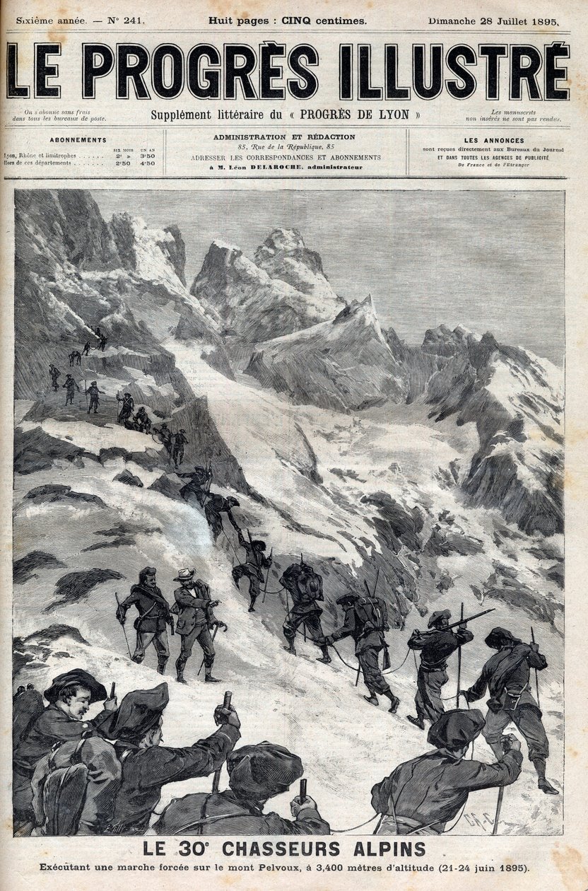 Os 30º caçadores alpinos realizam uma marcha forçada no Monte Pelvoux a 3400 metros de altitude em 21-24 de junho de 1895 - gravação em "Le Progres illustrious" de 1895 de Unknown artist