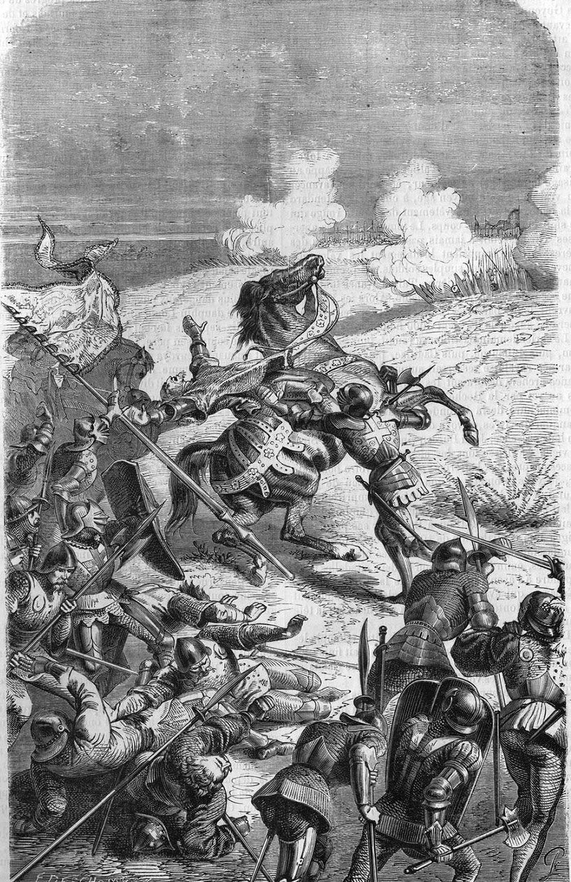 O veterano John Talot, de 75 anos, foi recortado para liderar uma expedição de 3.000 homens, a qual foi debarqueada em Guyenne no dia 17 de outubro de 1452. Gravura representando a morte de Talbot em batalha. Gravura do século XIX. de Unknown artist