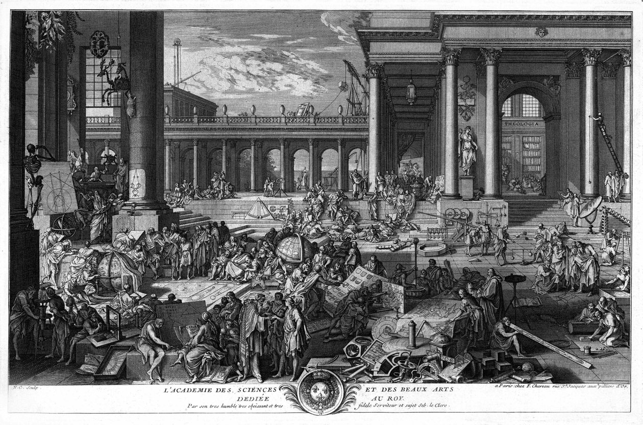 A Academia de Ciências e Belas Artes Dedicada ao Roy. Por seu humilde e muito fiel servo e súbdito Seb. o Escrivão. Gravando O Ebastien Leclerc, O Velho de Unknown artist