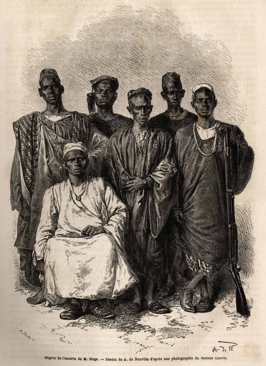 A escolta africana de Mage, tenente na nave, enviada em missão ao Níger. Gravura para ilustrar a história da viagem do Tenente Mage no Sudão Ocidental entre 1863 e 1866, publicada na "Le tour du monde, nouveau journal des voyages", editada por E de Unknown artist