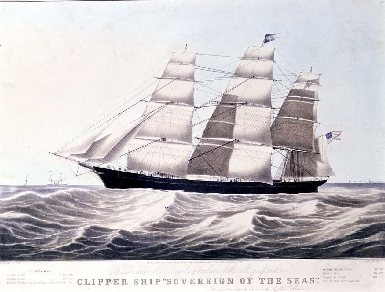 O "clipper" americano "Sovereign of the Sea" por volta de 1852. Litografia do século XIX de Unknown artist