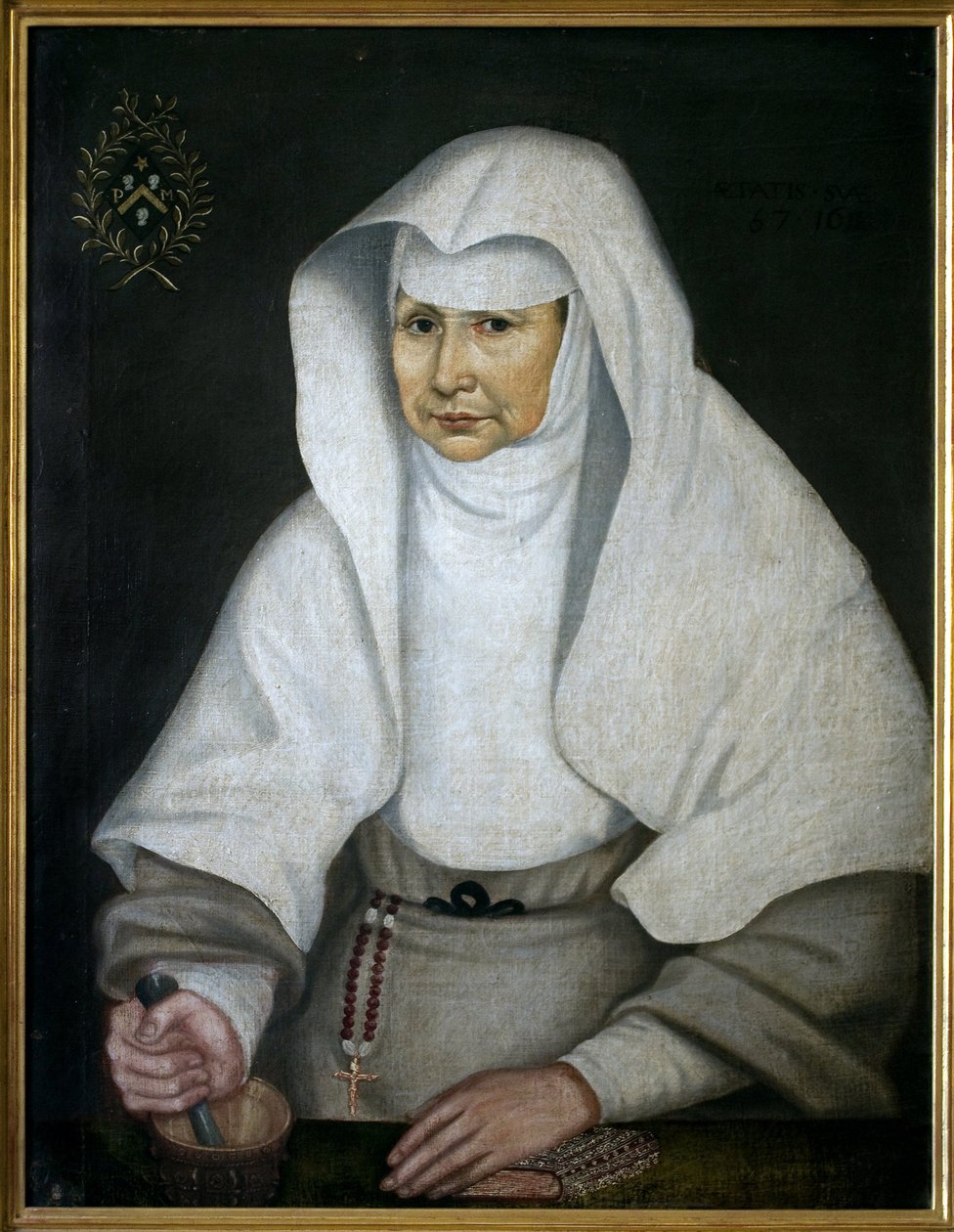 A boticária Irmã Pierrette Monnet (1557-1628), do Hotel Dieu de Beaune. Representada com um almofariz e o seu pilão tem a mão. Pintura anónima, óleo sobre tela de Unknown artist