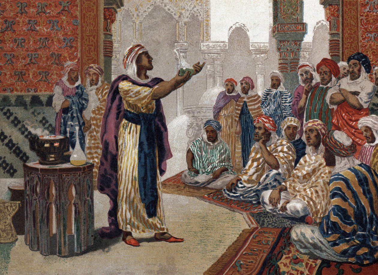 O alquimista árabe Geber (Jâbir ibn Hayyan) (v721-v815), química de pinça. Barcelona 1881 de Unknown artist