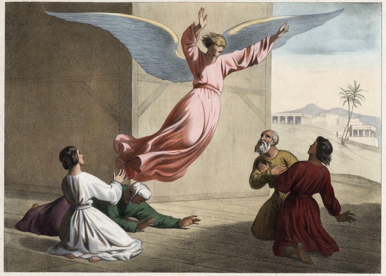 O Arcanjo Raphael deixando a Família Tobie. Gravura anónima de meados do século XIX. de Unknown artist