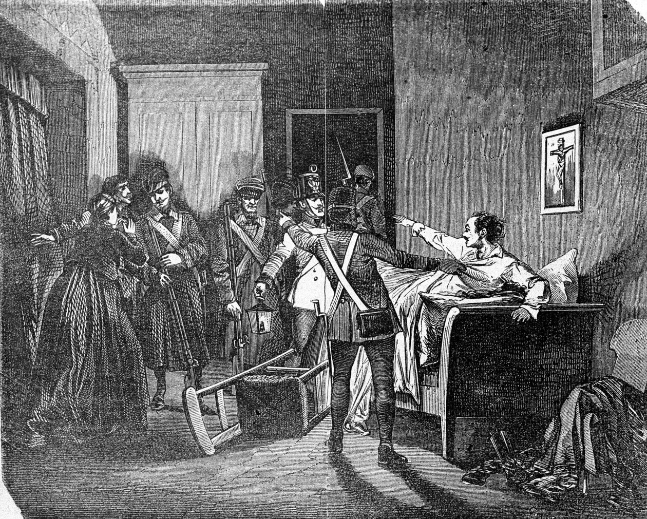 A polícia austro-húngara prendeu um carbonaro (carboneria, indústria do carvão), um membro da sociedade política secreta. Gravura do século XIX. de Unknown artist