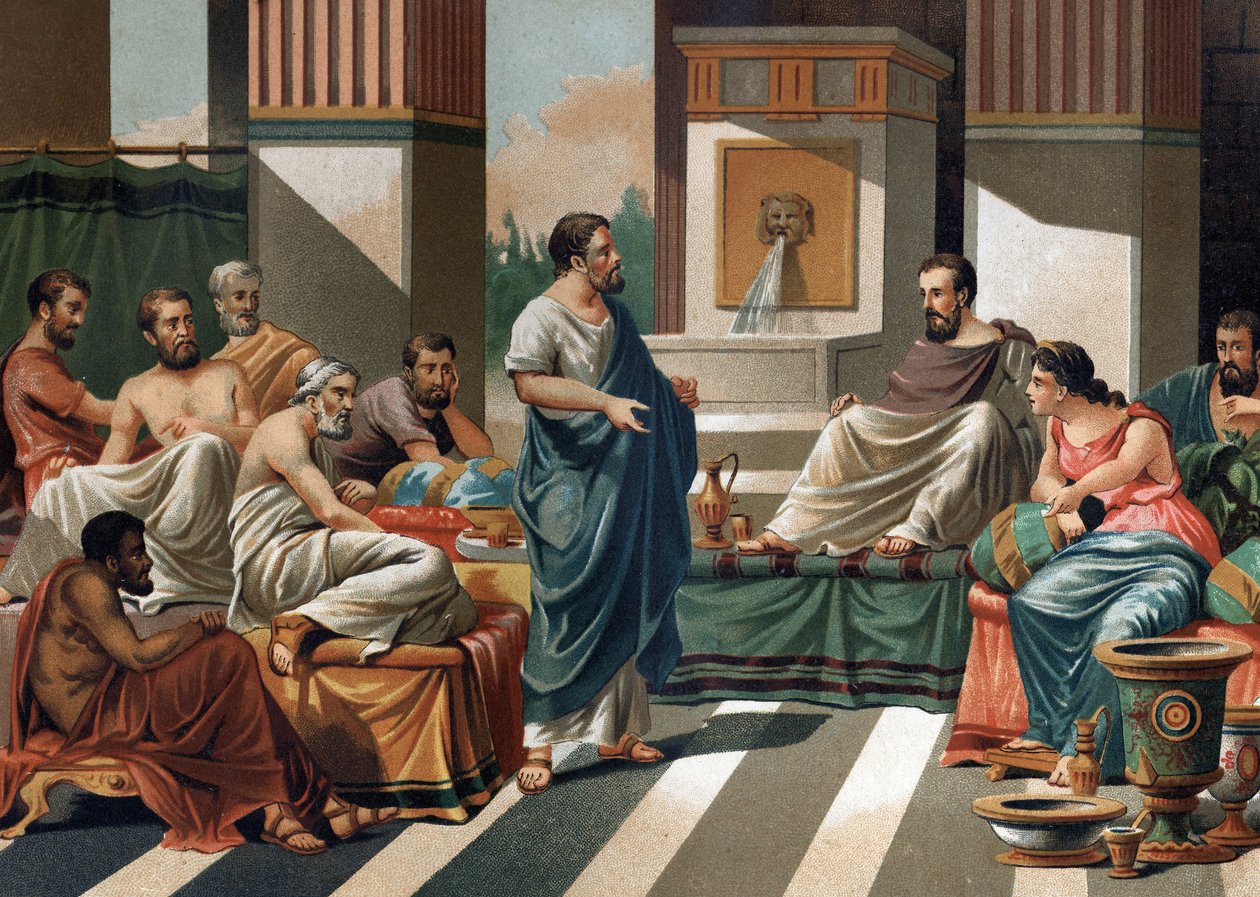 O Banquete de Periandro (Tirano, ou Rei de Corinto) para os sete sábios da Grécia. da esquerda para a direita: Bias, Esopo, Anacharis, Cleobule, Sólon, Pitágoras, Periandro e sua esposa Melisse. Depois de "La Ciencia y sus Hombres de Louis Figuier". Barcel de Unknown artist