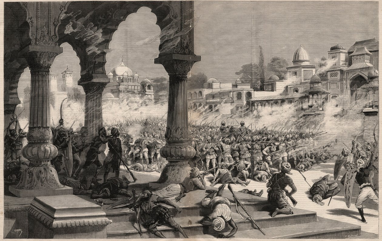 A Batalha de Manipur - insurreições indianas britânicas - massacre de uma coluna de cerca de 500 soldados ingleses, chamados pelo Maharadjah cujos súbditos se revoltaram em Manipur (território nas fronteiras de Assam e Birmânia) na Índia de Unknown artist