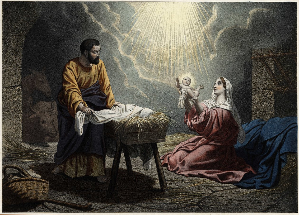 O Nascimento de Cristo. Gravura anónima de meados do século XIX. de Unknown artist