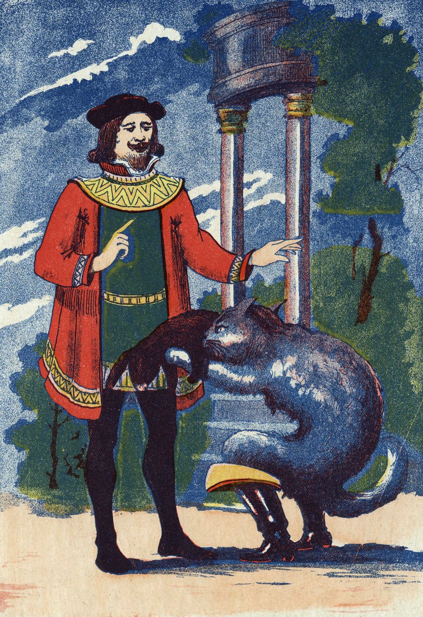 O Boot Cat oferece um coelho ao rei. Ilustração para "Le chat Botte", conto de Charles Perrault (1628-1703), escritor francês. Ilustração anônima. Imagery Marcel Vagne, Jarville Nancy, sem data (final do século XIX). de Unknown artist