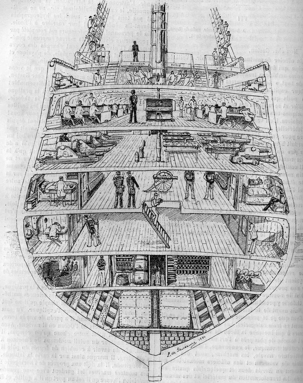 O "Borda": secção transversal do barco. Desenho de M. L. de Saussure. Gravura em "Le journal de la jeunesse". de Unknown artist