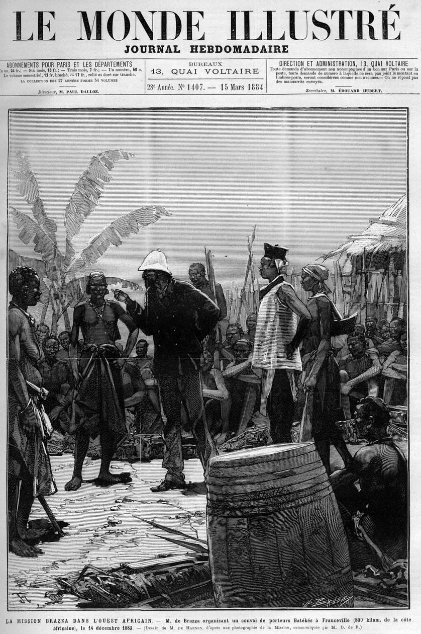 A Missão Brazza na África Ocidental: Pietro Paolo Savorgnan di Brazza ou Pierre Paul Francois Camille Savorgnan de Brazza (1852-1905) organizando um comboio de transportadores Batekes para Franceville (Gabão) em 14 de dezembro de Unknown artist