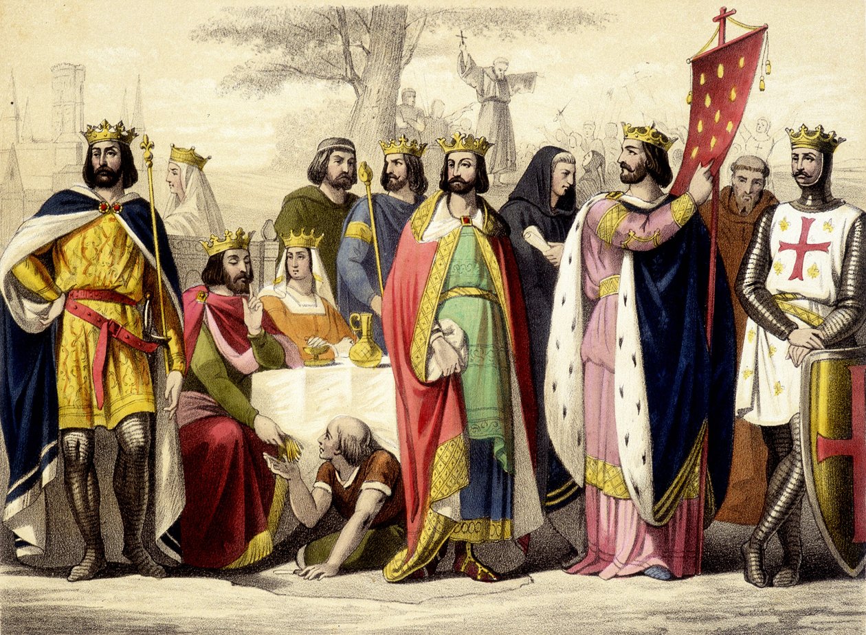 Os Capetians de 987 a 1137. Hugues Capet, Robert 1er Constance, Philippe 1er, Louis VI e Louis VII. Gravura do século XIX. de Unknown artist