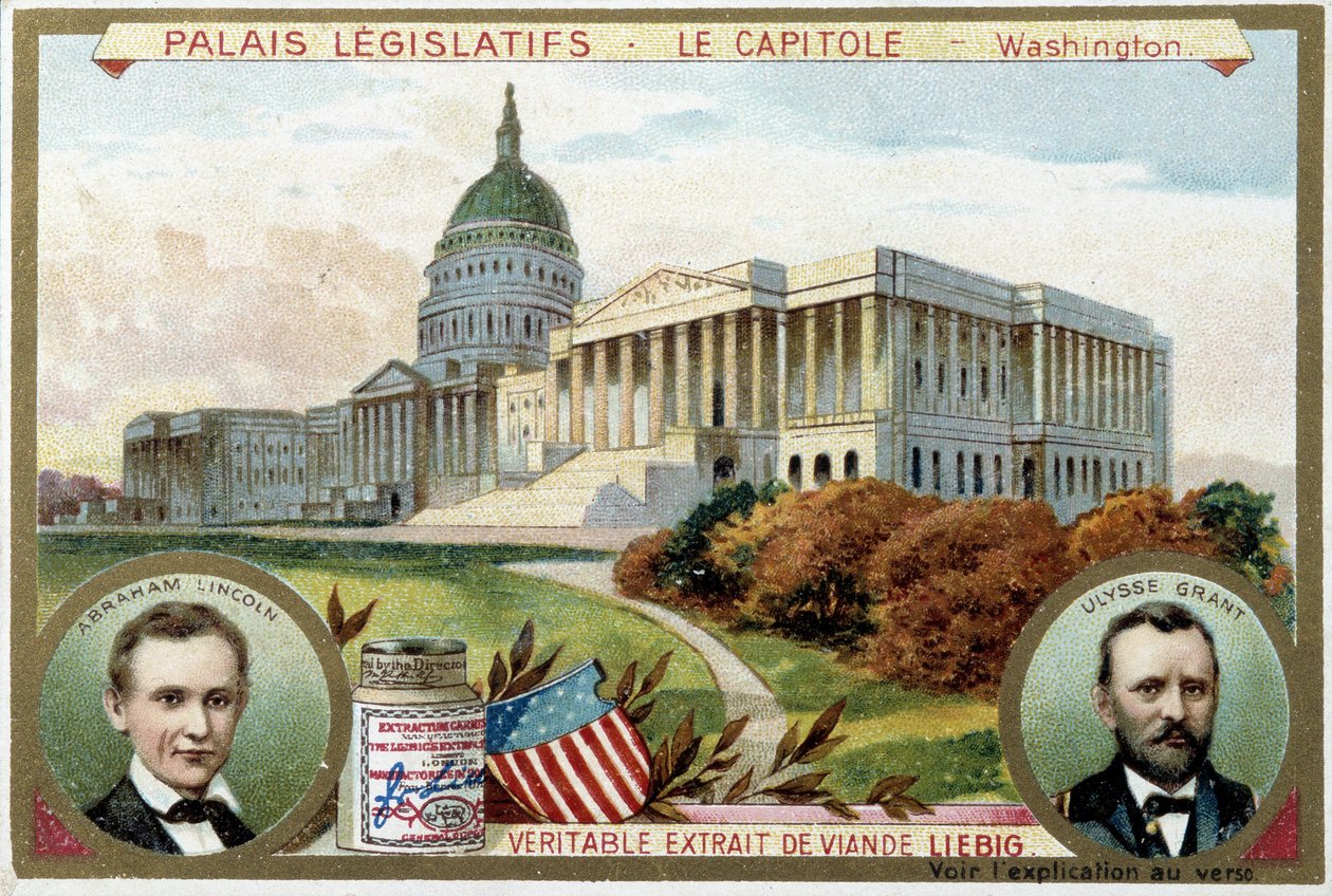 O Capitólio, Palácio do Congresso Americano, Washington (EUA), com retratos de Abraham Lincoln (1809-1865) e Ulysses Grant (1822-1885) - Cromolitografia de Liebig de Unknown artist