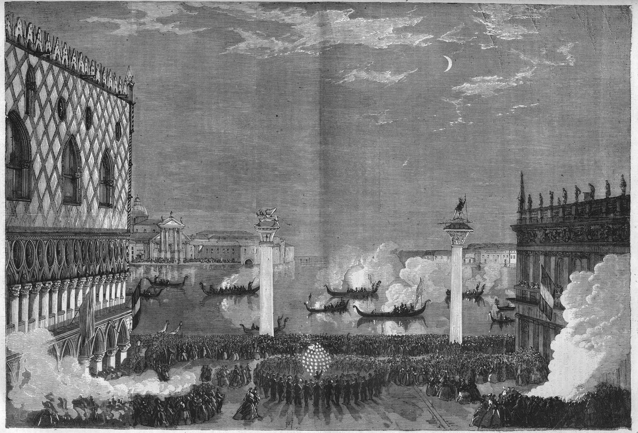 O Carnaval de Veneza: a noite de domingo gorda na piazzetta. Gravura em "O Universo Ilustre". de Unknown artist