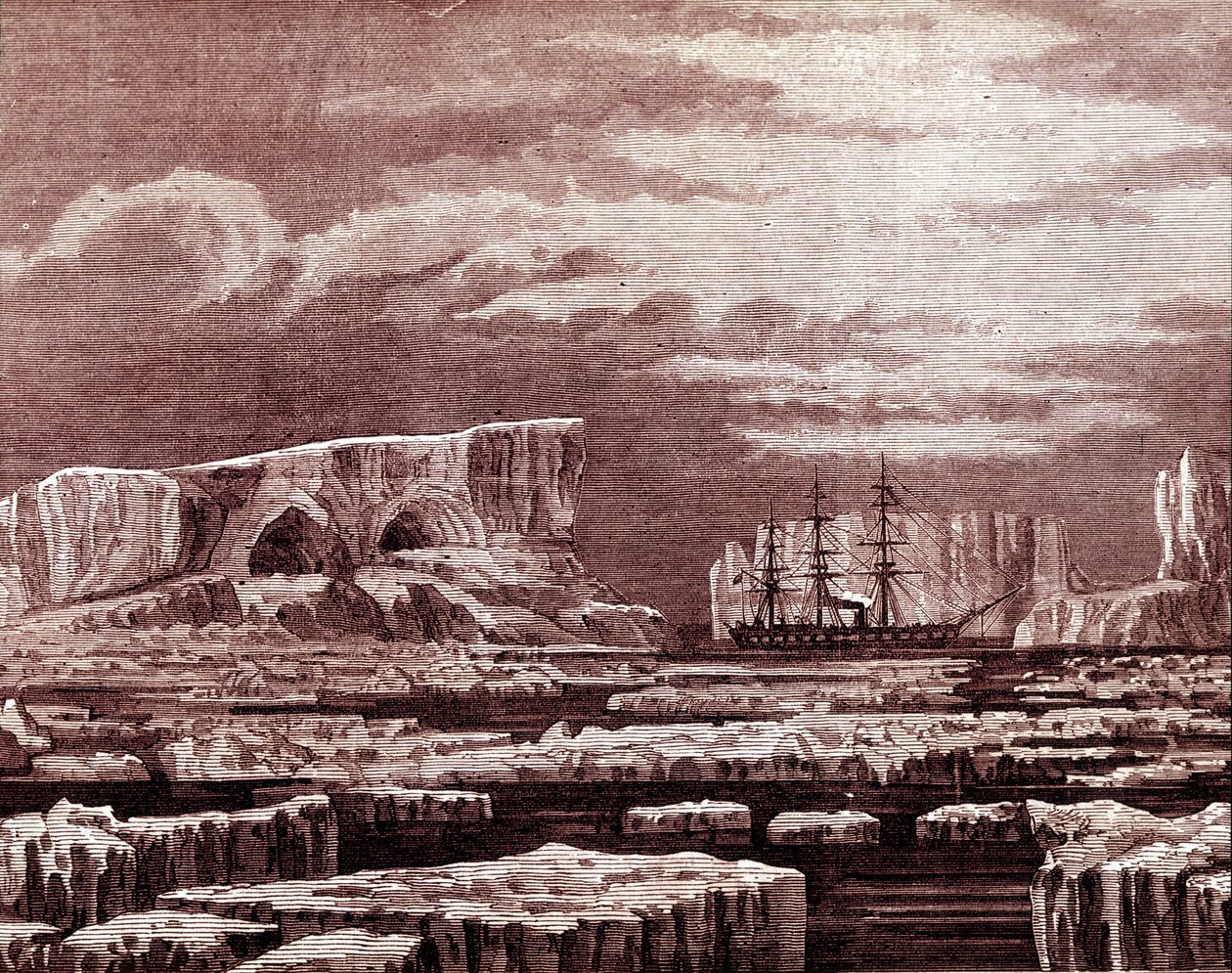 O barco Challenger no meio do icebergue. de Unknown artist