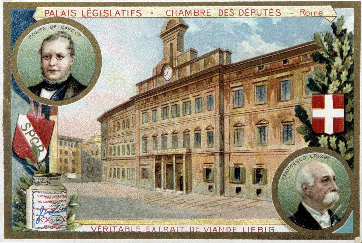 A Câmara de Deputados em Roma (Itália), com retratos do Conde Camilo Benso de Cavour (1810-1861) e Francesco Crispi (1819-1901) - Cromolitografia de Liebig de Unknown artist