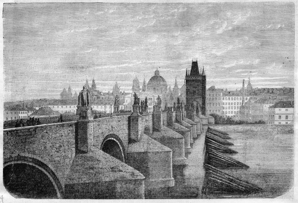 A Ponte Charles em Praga - Gravura no "The Illustrous Journal" (O Diário Ilustrado) de Unknown artist